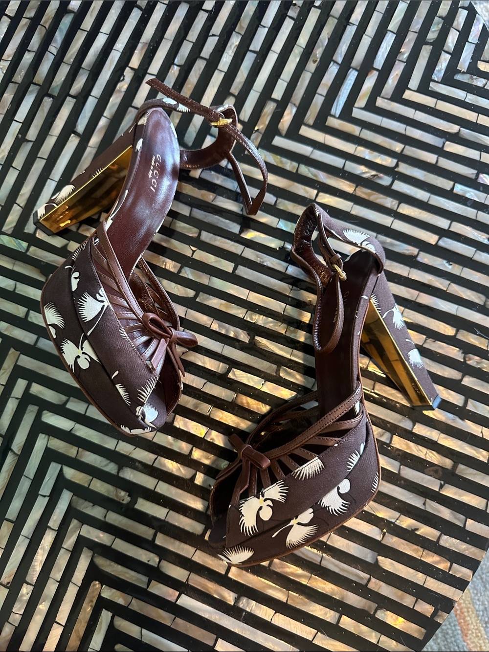 Gucci Brown Floral Leather Bow Ankle-Strap Heels - Picture 3 of 8